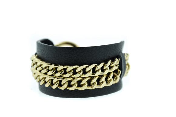 REI -Black Leather Cuff Bracelet Gold Mister Fairbanks